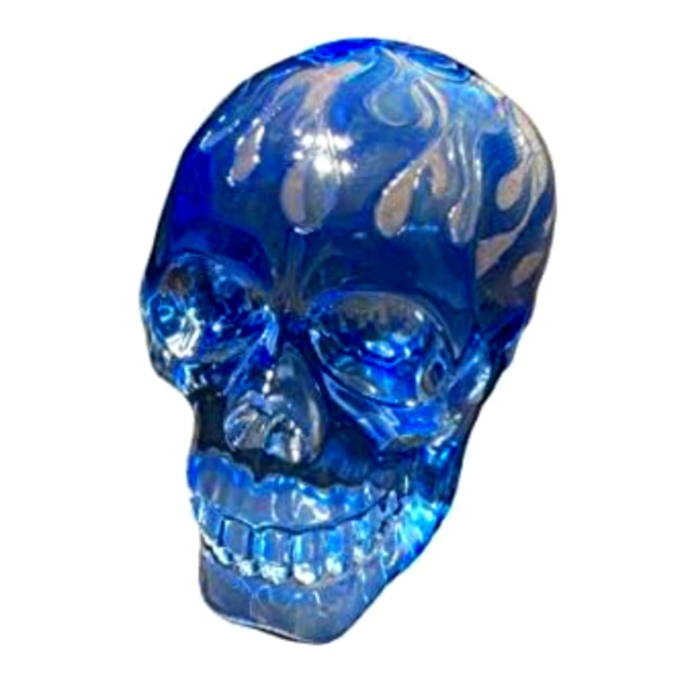 NWT Translucent Resin Skull with Hand Painted Blue Flames, Art Piece